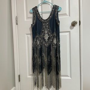 Dress Flapper Deco Art 1920 Women's Beaded Sleeve Dresses Cocktail Waist 32